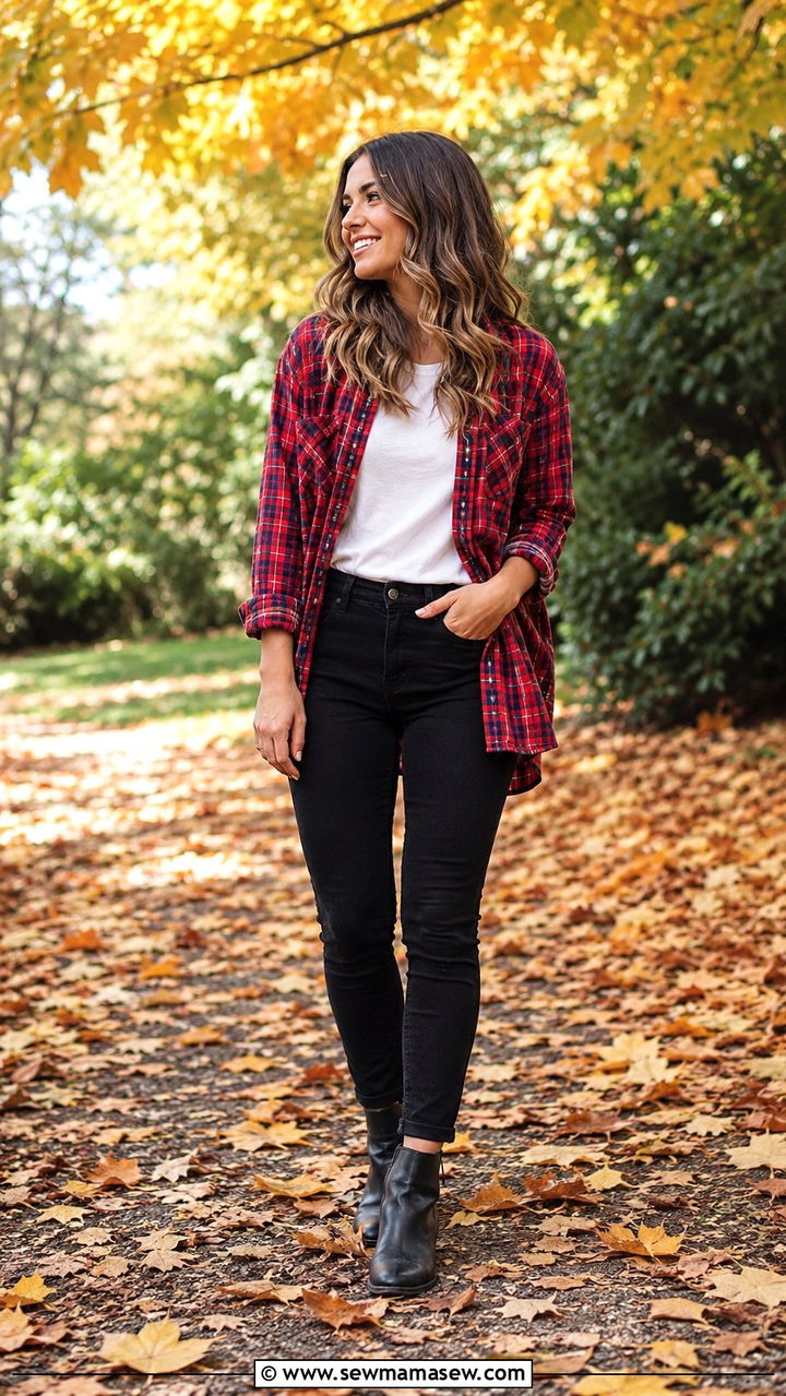 Flannel Shirt With White Tee And Black Jeans - 30 Mild weather outfit ideas