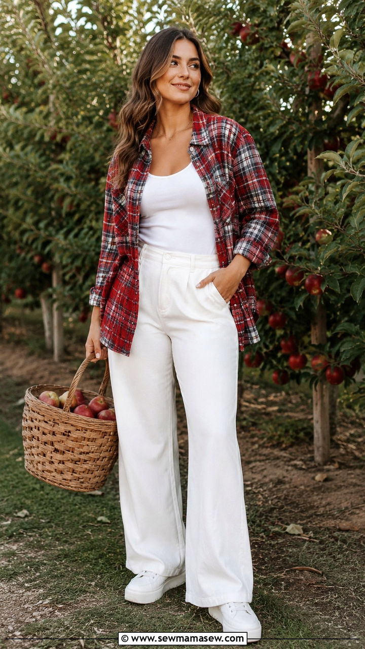 Flannel Shirt With White Trousers And Clean Sneakers - 30 casual trendy outfits