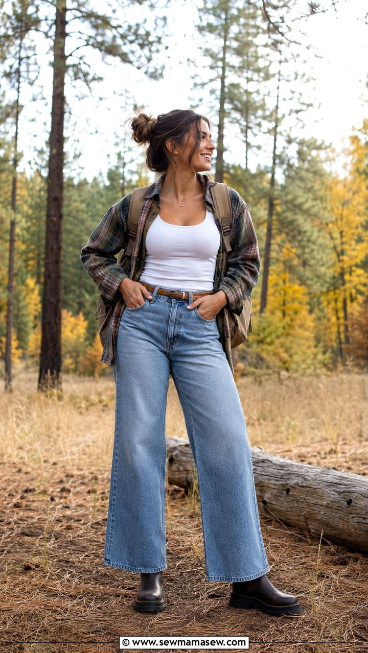 Flannel Shirt With Wide Leg Jeans - 25 wide leg jeans outfits aesthetic