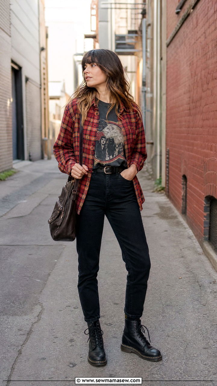 Flannel Shirt Worn Open Over a Graphic Tee and Black Jeans - 30 Cool morning warm afternoon outfits