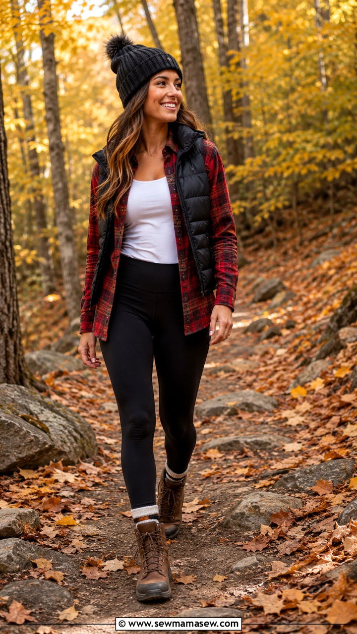Flannel Shirt and Black Leggings - 30 hiking outfit ideas for women