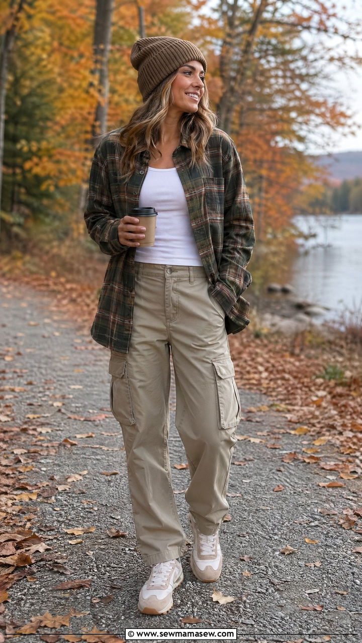 Flannel Shirt and Cargo Pants Outfit - 35 Cool mom outfit ideas