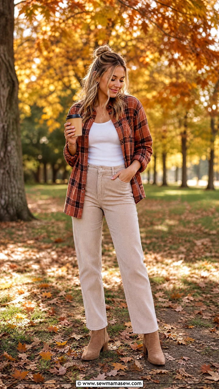 Flannel Shirt and Corduroy Pants - 30 Outfit ideas for stay at home moms