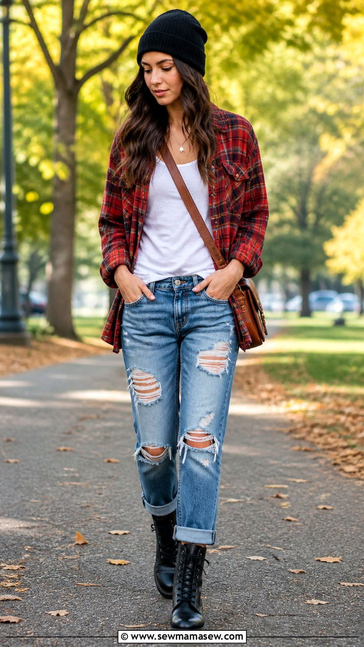 Flannel Shirt and Distressed Jeans with Combat Boots - 40 weekend outfit ideas for women
