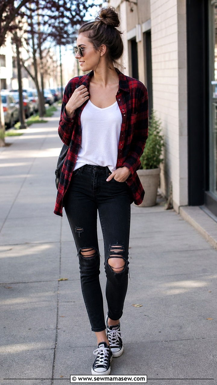 Flannel Shirt and Ripped Black Jeans Grunge Outfit - 40 grunge outfits for women