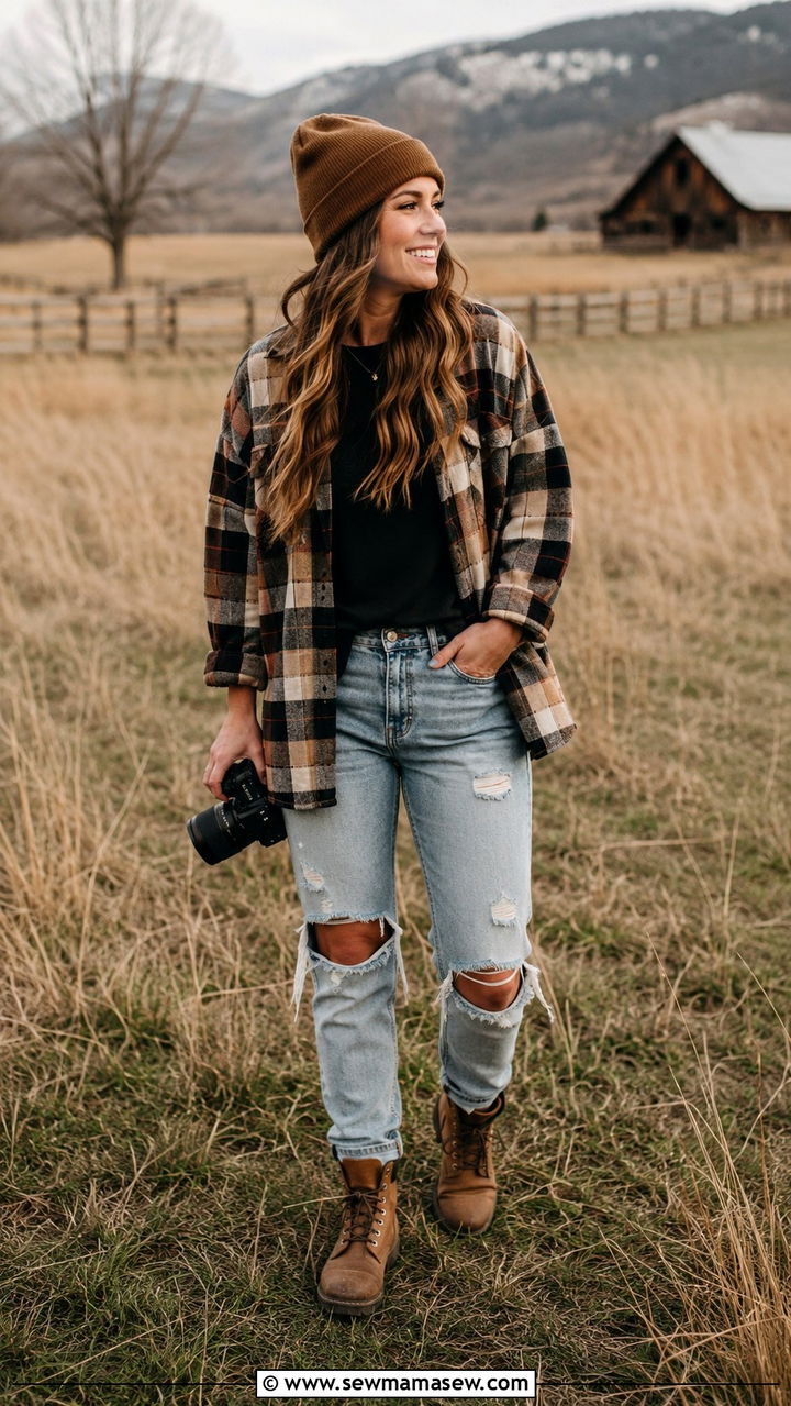 Flannel Shirt and Ripped Jeans Photographer Outfit - 25 Photographer outfit ideas