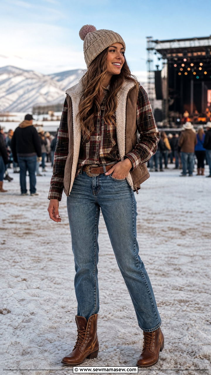 Flannel Shirt and Sherpa Vest with Straight Leg Jeans - 25 seasonal country concert outfit ideas
