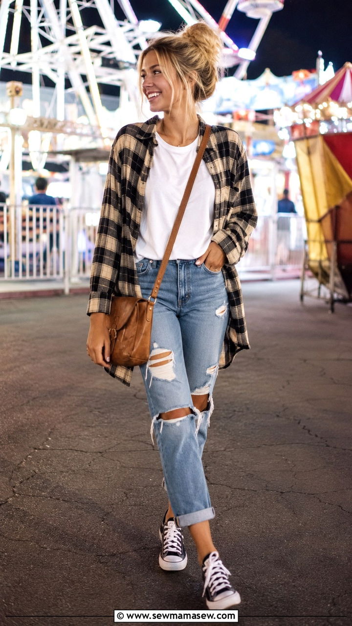 Flannel Shirt with Distressed Jeans and Converse - 30 State fair outfit ideas