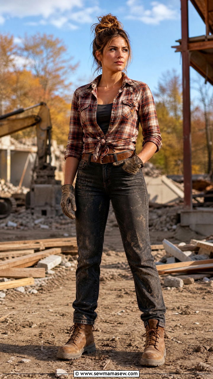 Flannel Shirt with Durable Jeans and Leather Work Boots - 30 Construction site outfit ideas for women