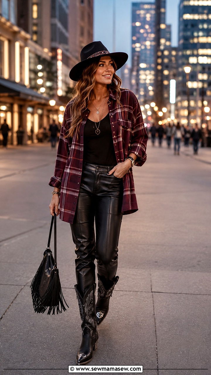 Flannel Shirt with Faux Leather Pants Outfit - 30 chic country concert outfits for women