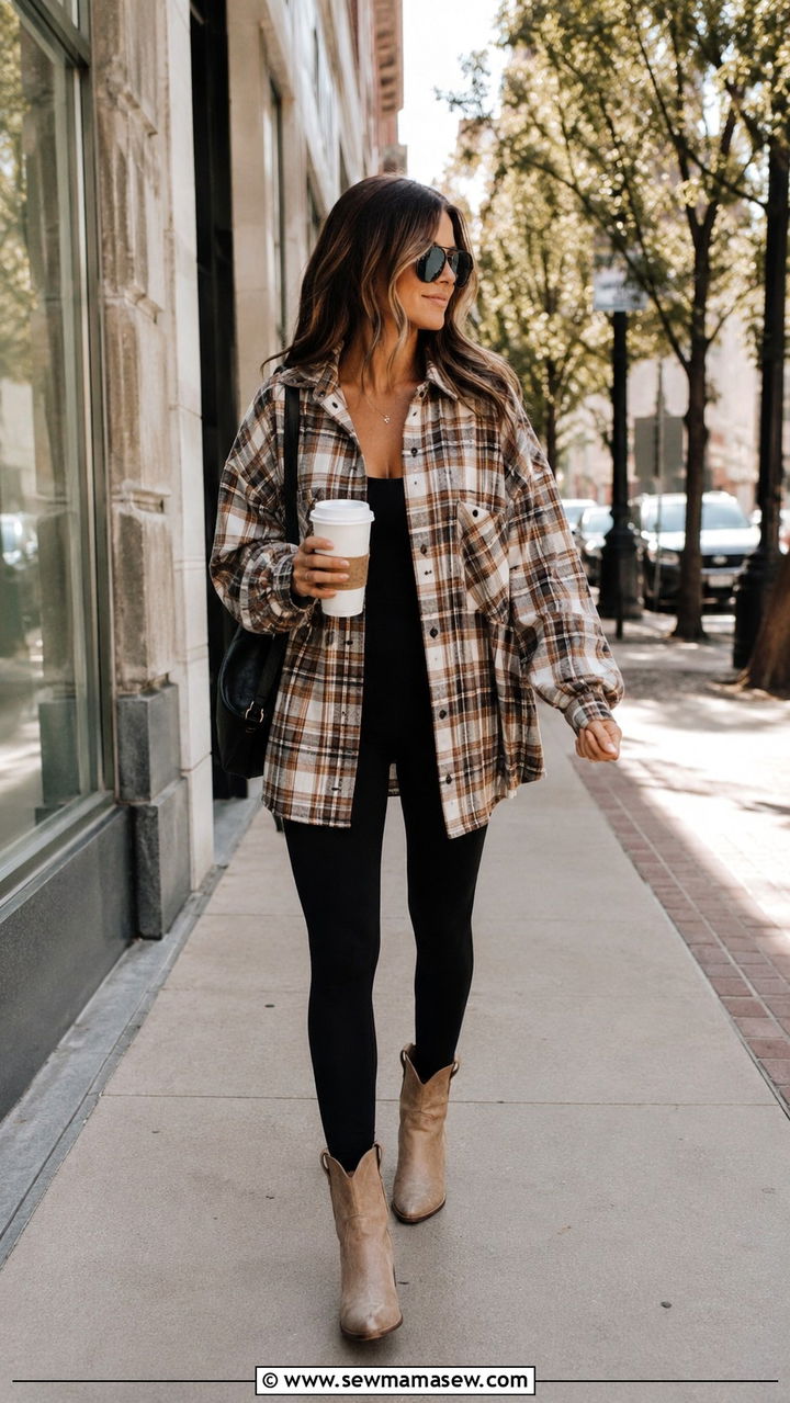 Flannel Shirt with Leggings and Ankle Boots - 30 casual western outfits