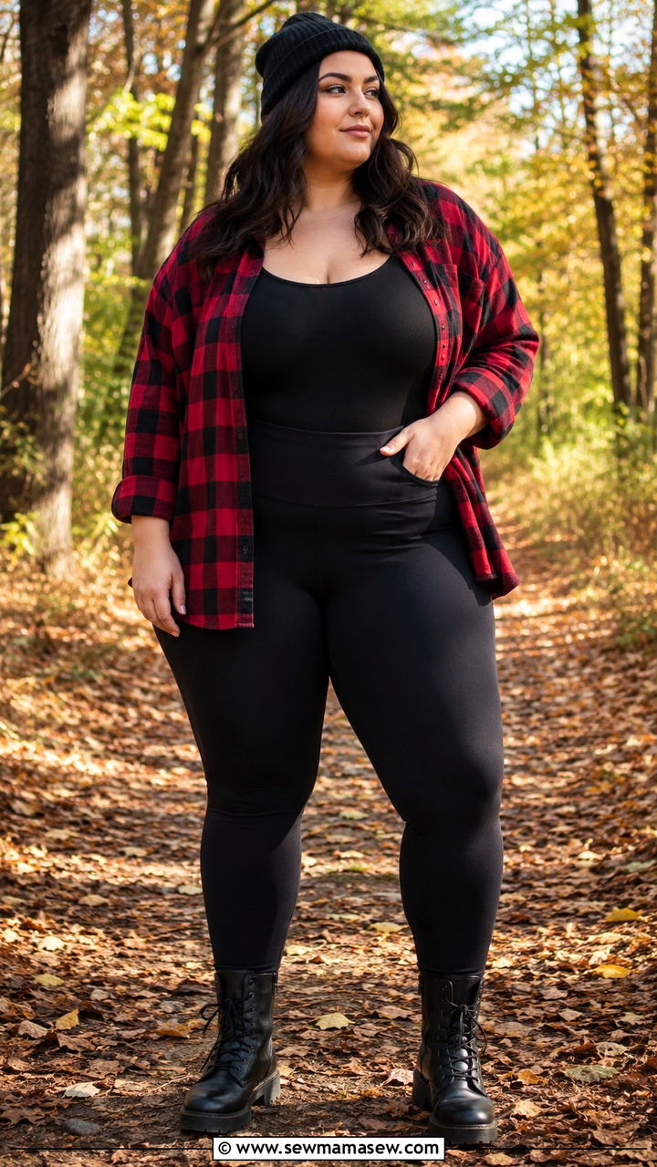 Flannel Shirt with Leggings and Boots - 30 Plus size outfit ideas with leggings