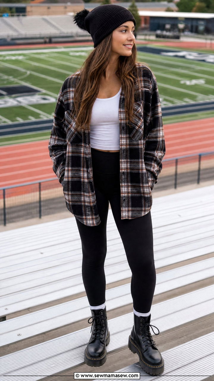 Flannel Shirt with Leggings and Combat Boots Outfit - 25 Gameday outfit ideas high school