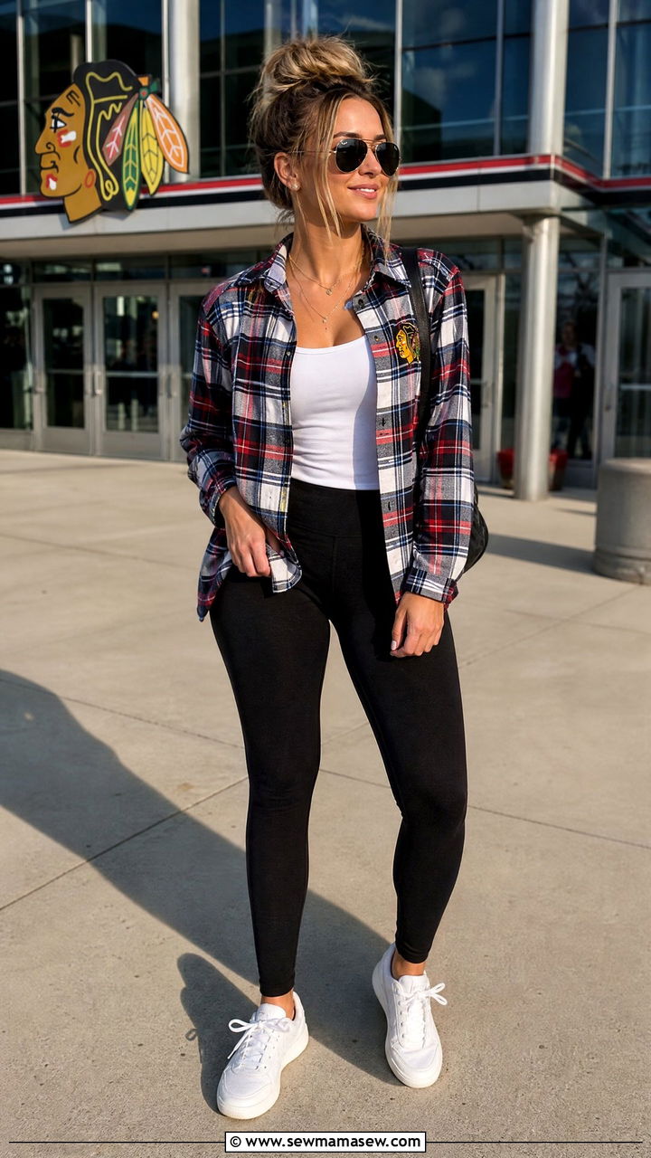 Flannel Shirt with Leggings and Sneakers - 25 Hockey game outfit ideas
