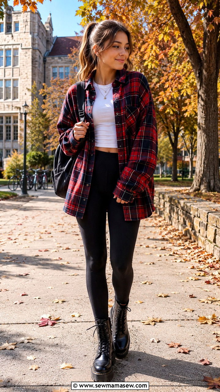 Flannel Shirt with Leggings - 30 School outfit ideas with leggings