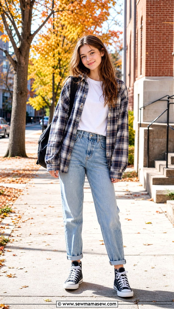 Flannel Shirt with Mom Jeans and Converse - 40 back to school outfits ideas
