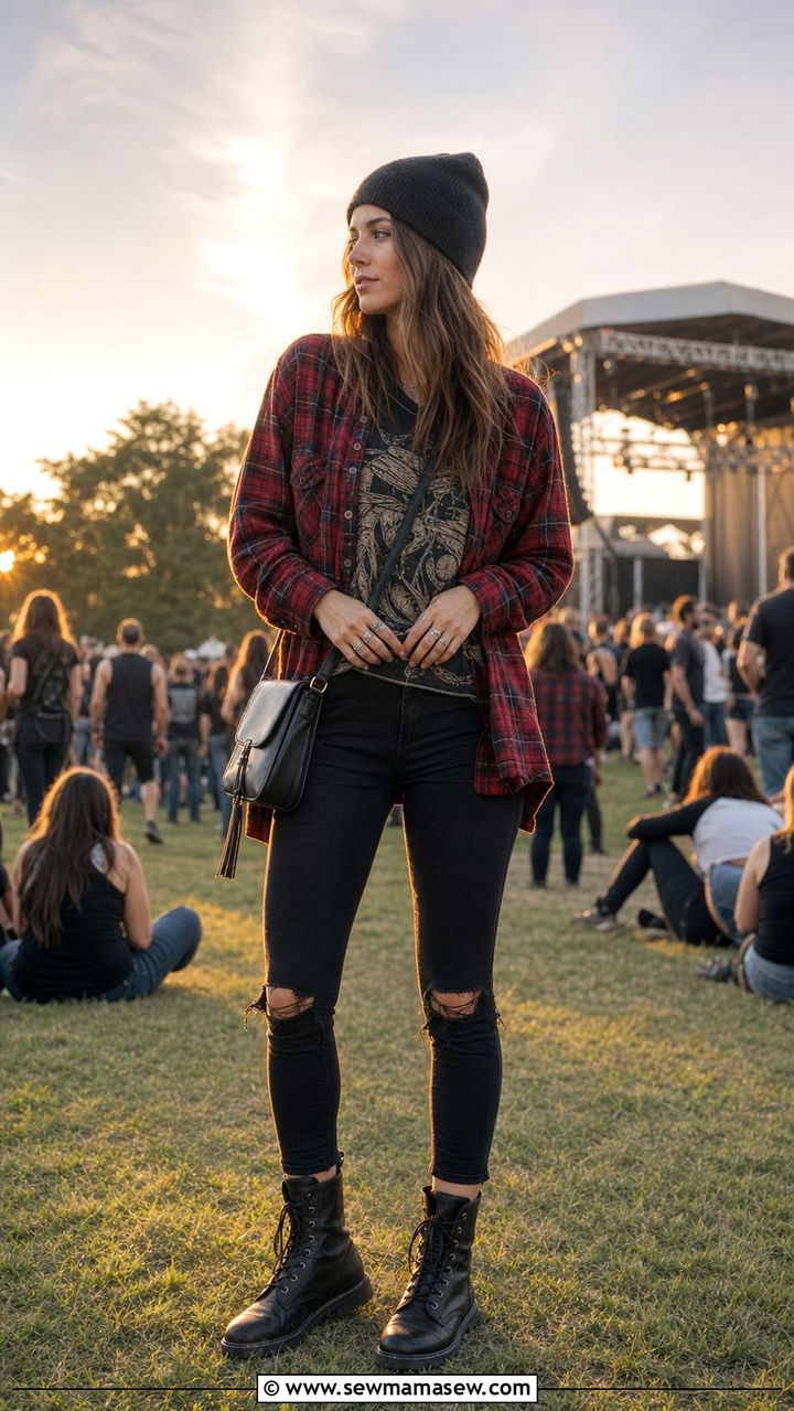Flannel Shirt with Ripped Skinny Jeans Concert Outfit - 25 concert outfits inspo