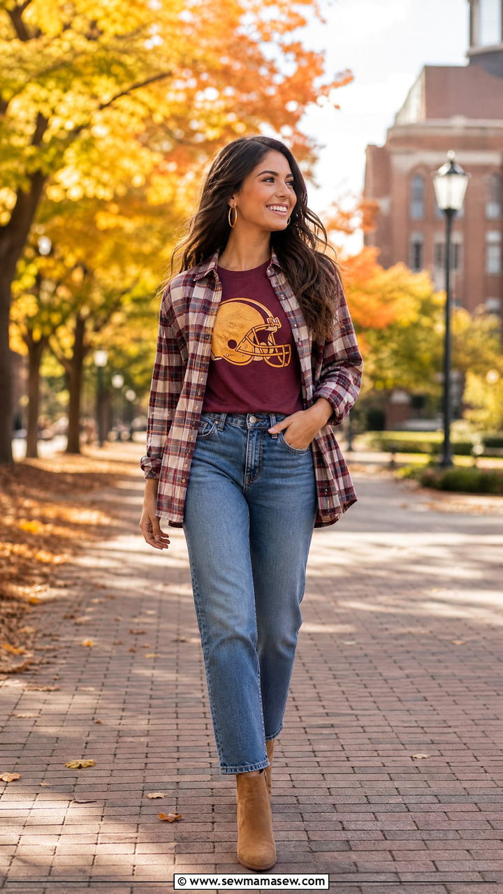Flannel Shirt with Team Tee and Jeans - 30 Game day outfit ideas for college