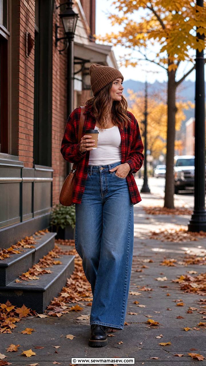 Flannel Shirt with Wide Leg Jeans Outfit - 30 coffee run outfit ideas