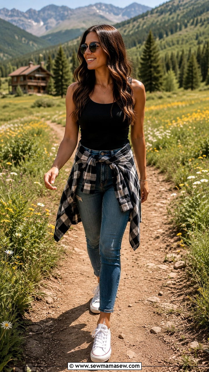 Flannel Tied Around Waist Cabin Outfit - 30 Spring cabin outfits