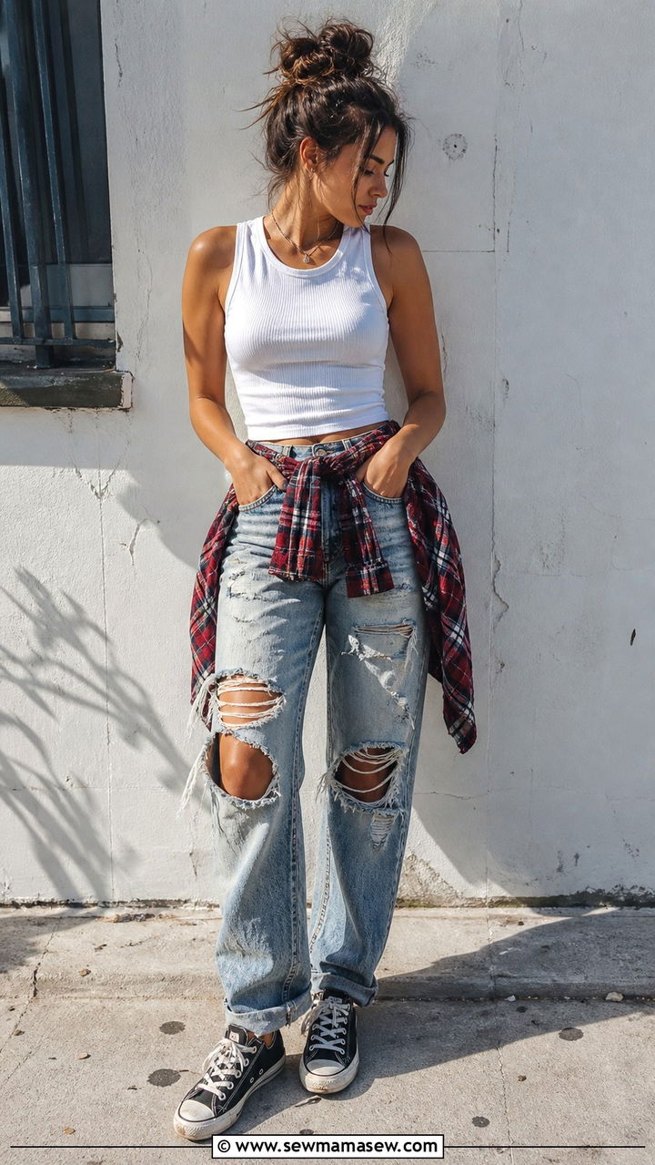 Flannel Tied Around Waist Tank Top Ripped Jeans Converse - 40 Grunge outfit ideas