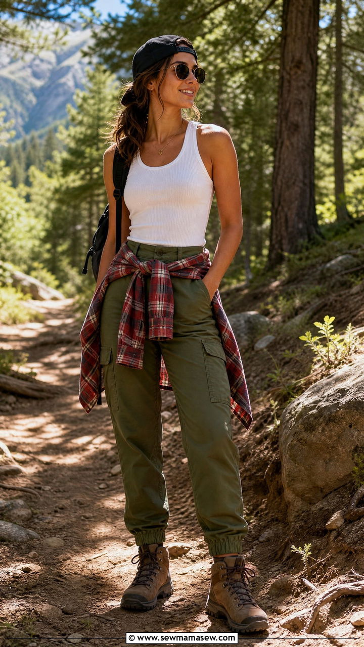 Flannel Tied Around Waist with Tank and Cargo Pants - 30 hiking outfit ideas for women