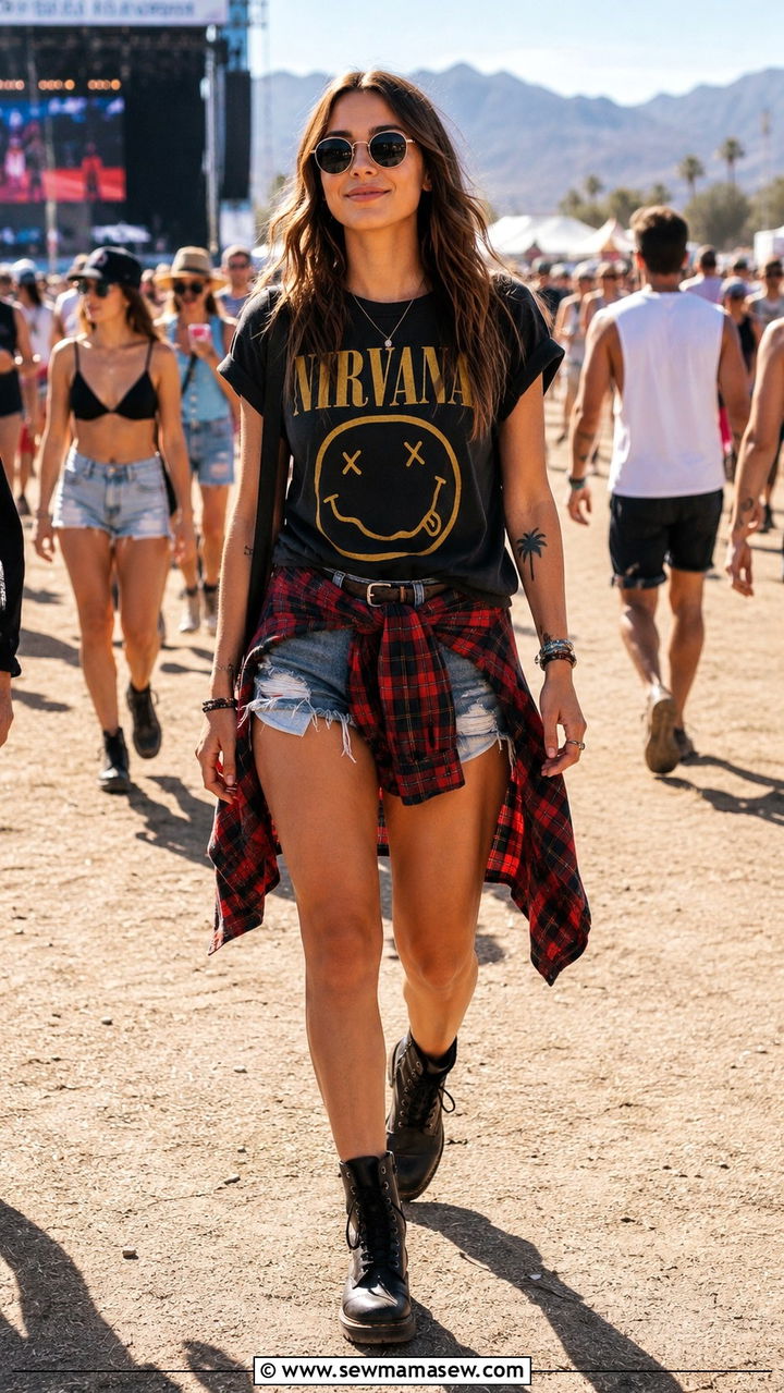 Flannel Tied Around the Waist With a Band Tee and Denim Shorts - 30 casual 90s outfits