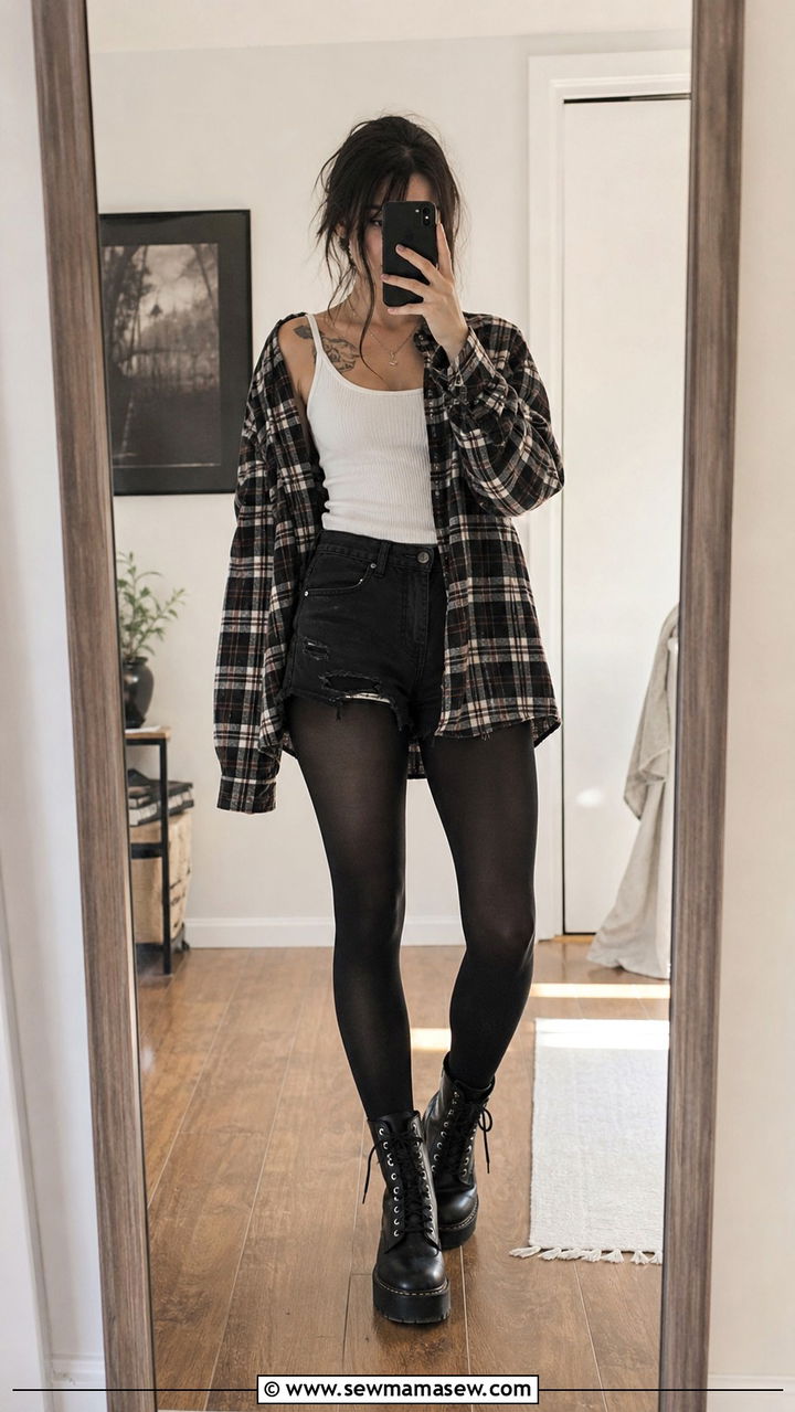 Flannel and Black Denim Shorts Grunge Style - 40 grunge outfits for women