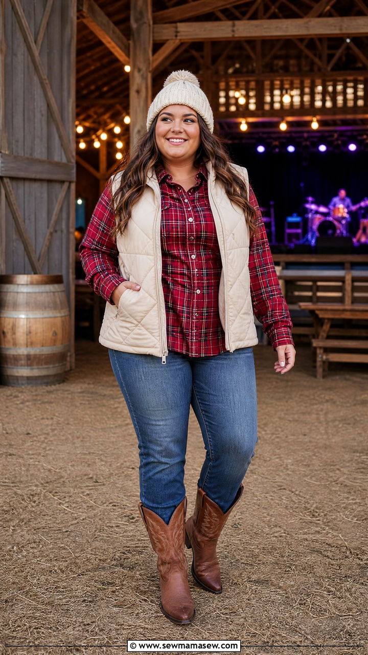 Flannel and Puffer Vest with Straight Leg Jeans - 30 Country concert outfit ideas plus size