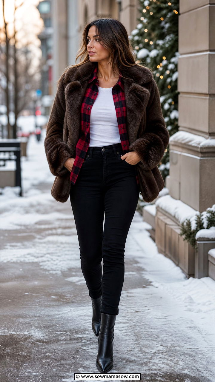 Flannel layered under a faux fur coat with boots - 35 How to style a flannel shirt