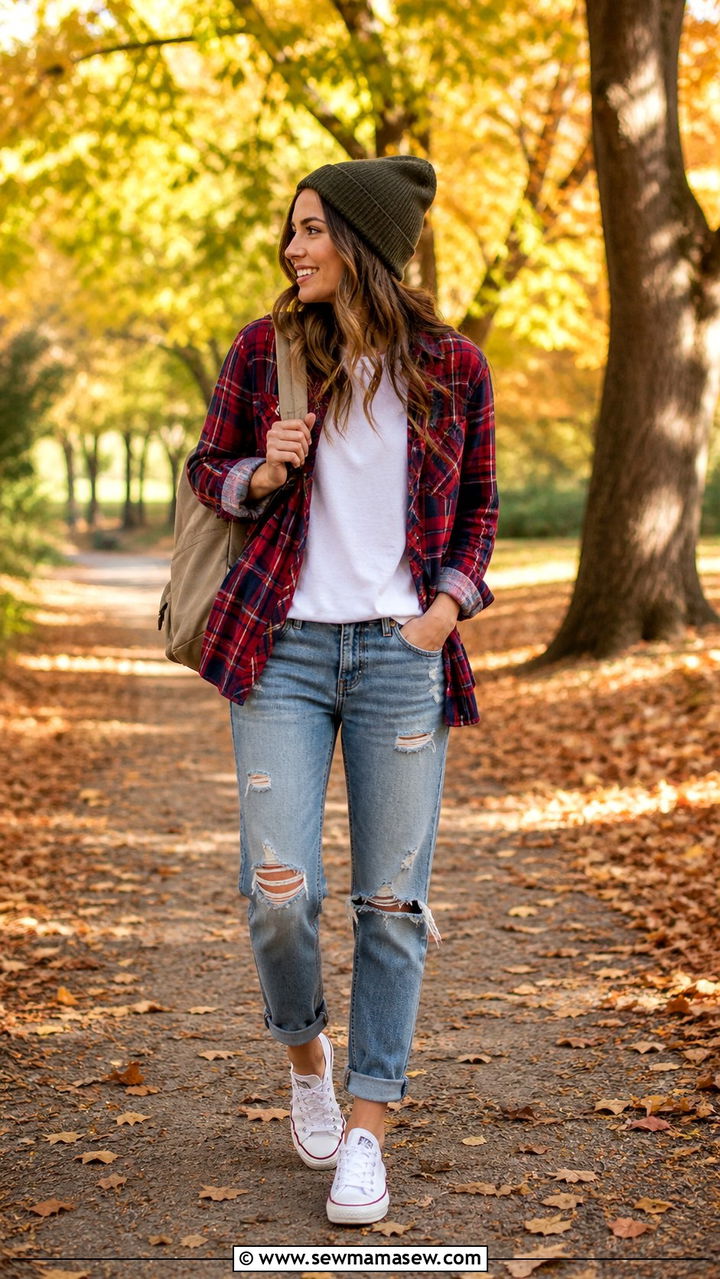 Flannel over t shirt with ripped jeans - 20 casual basic t-shirt outfits