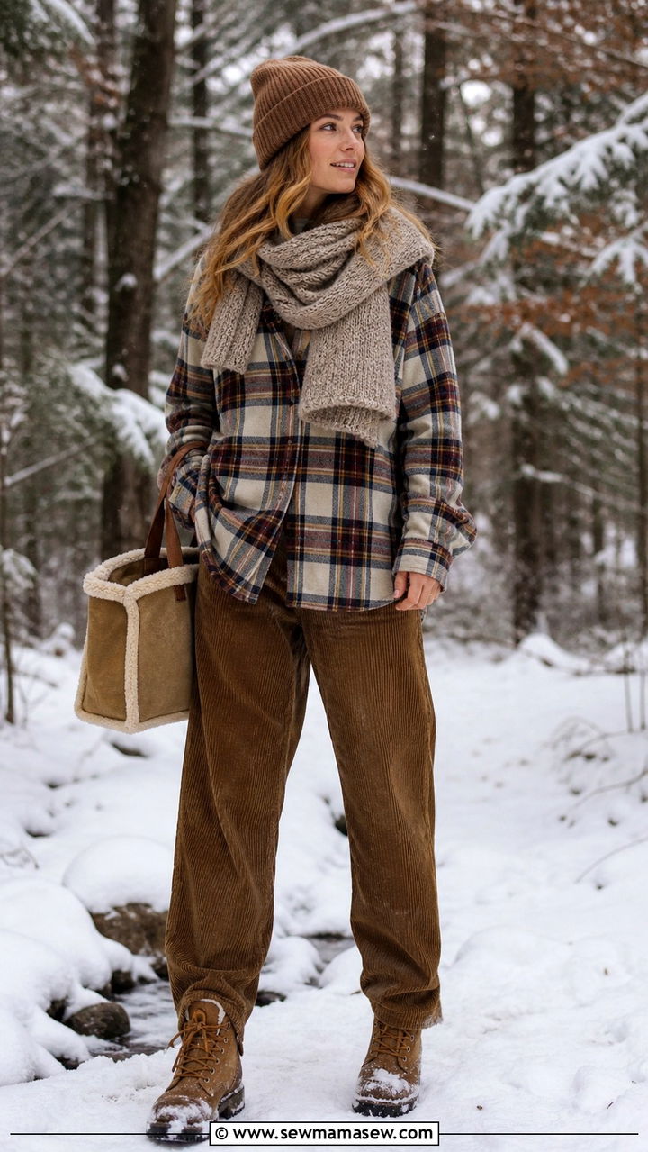 Flannel oversized button down with a chunky knit scarf and corduroy pants - 40 Oversized button down outfit ideas