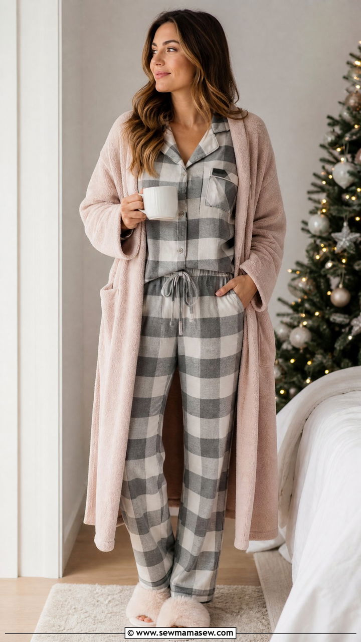Flannel pajama set with a cashmere robe - 35 Hygge loungewear outfit ideas