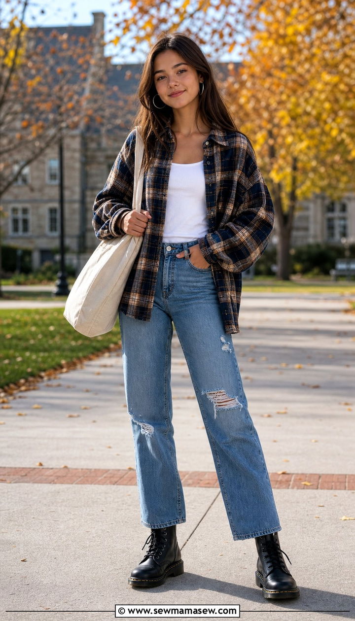 Flannel shacket with distressed straight leg jeans - 25 Cute outfits for 17 year olds