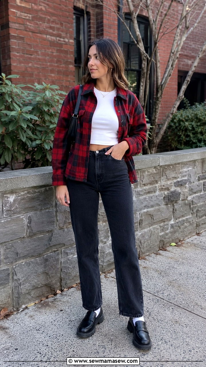 Flannel shacket with high waisted straight jeans and loafers - 30 High waisted jeans outfit ideas with loafers
