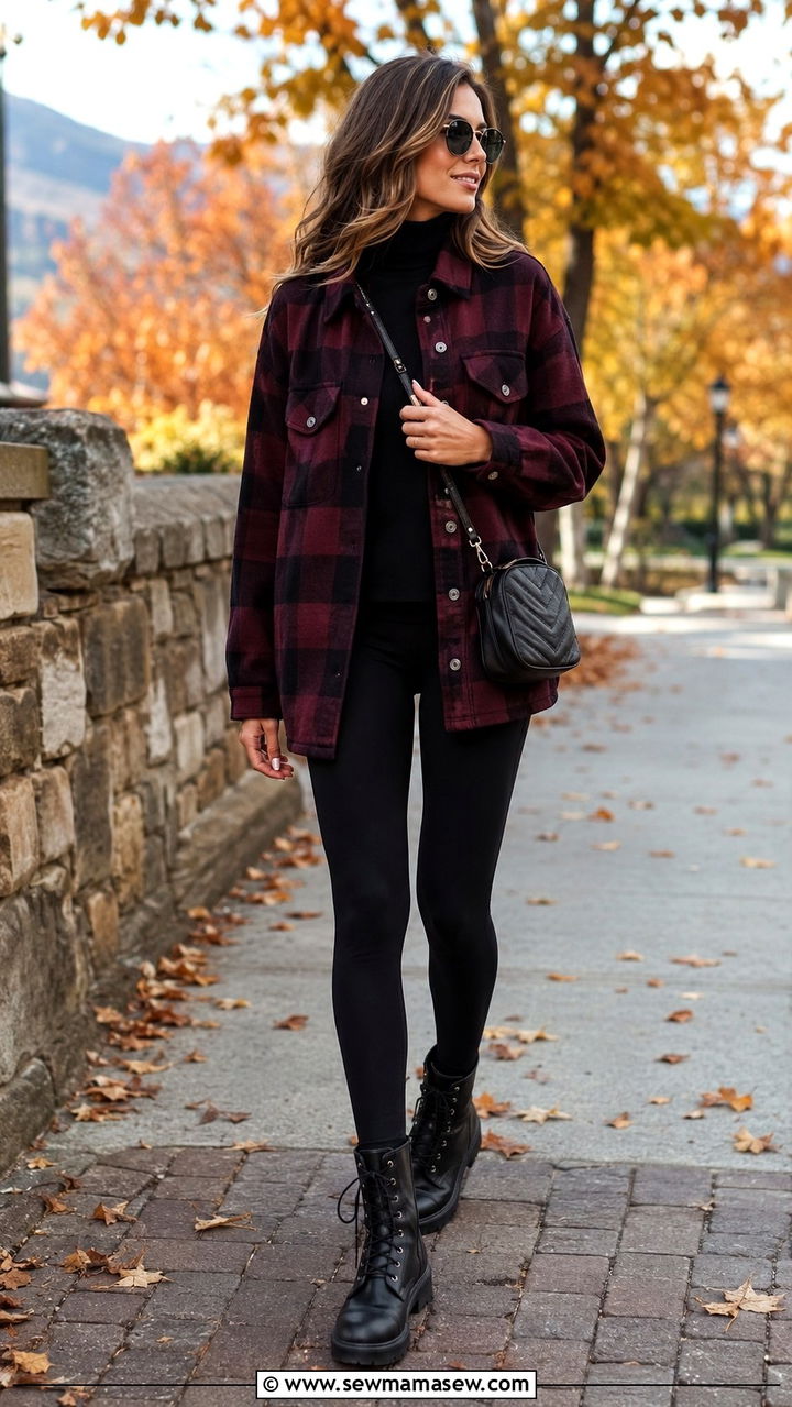 Flannel shacket with leggings and boots for fall trips - 25 Travel outfit ideas for tall women