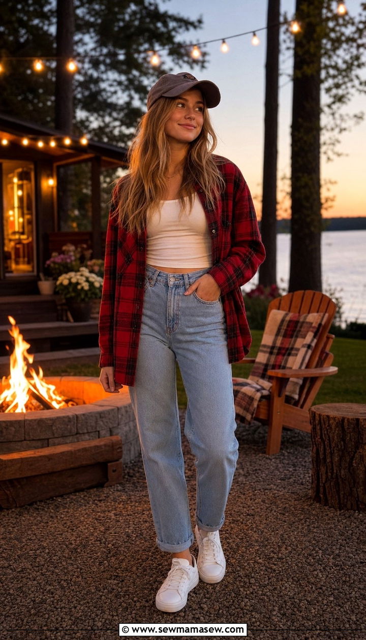 Flannel shacket with tank top and mom jeans - 25 Cute outfits for 15 year olds