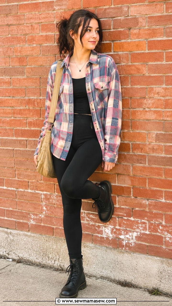 Flannel shirt and black leggings - 30 Spring outfits for high school
