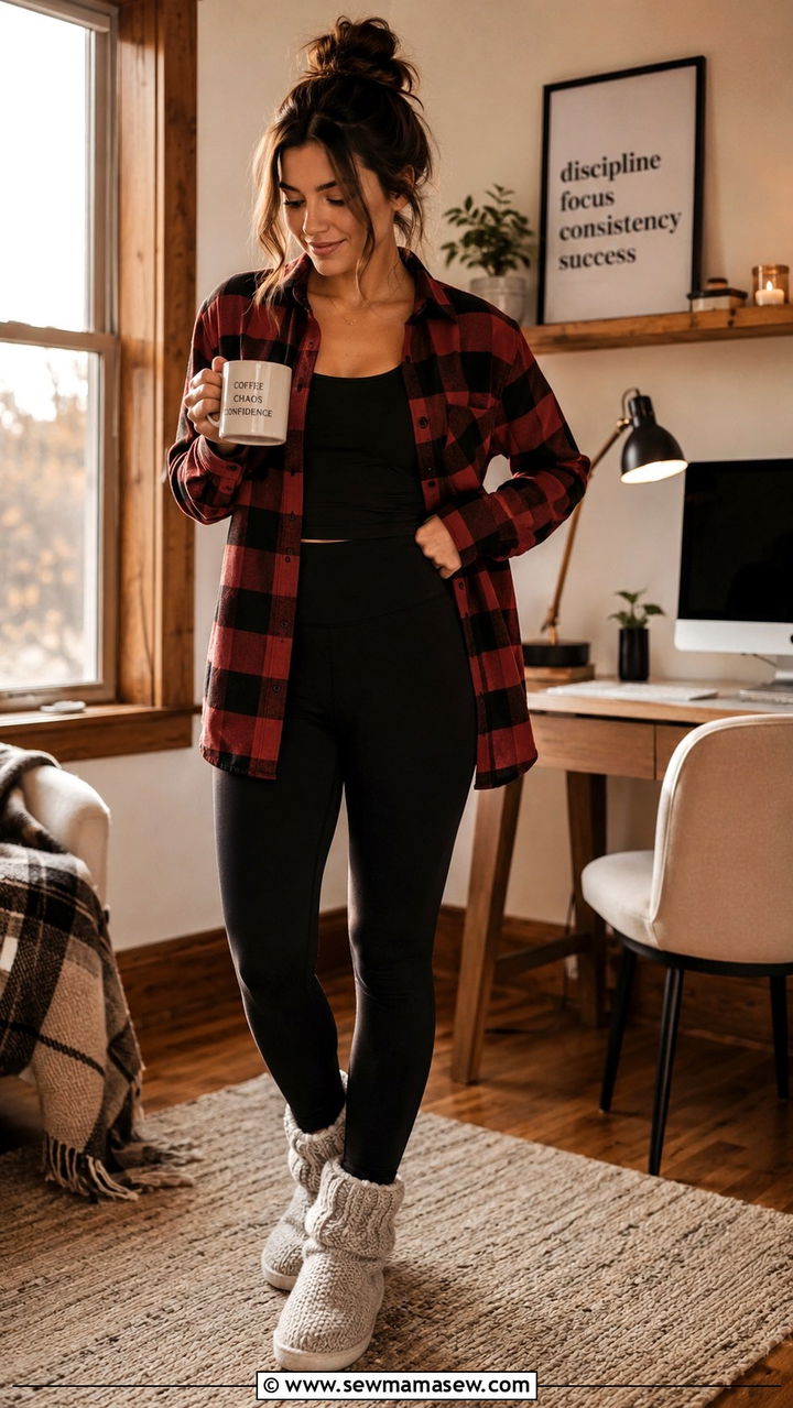 Flannel shirt and black leggings - 30 Cute work from home outfits