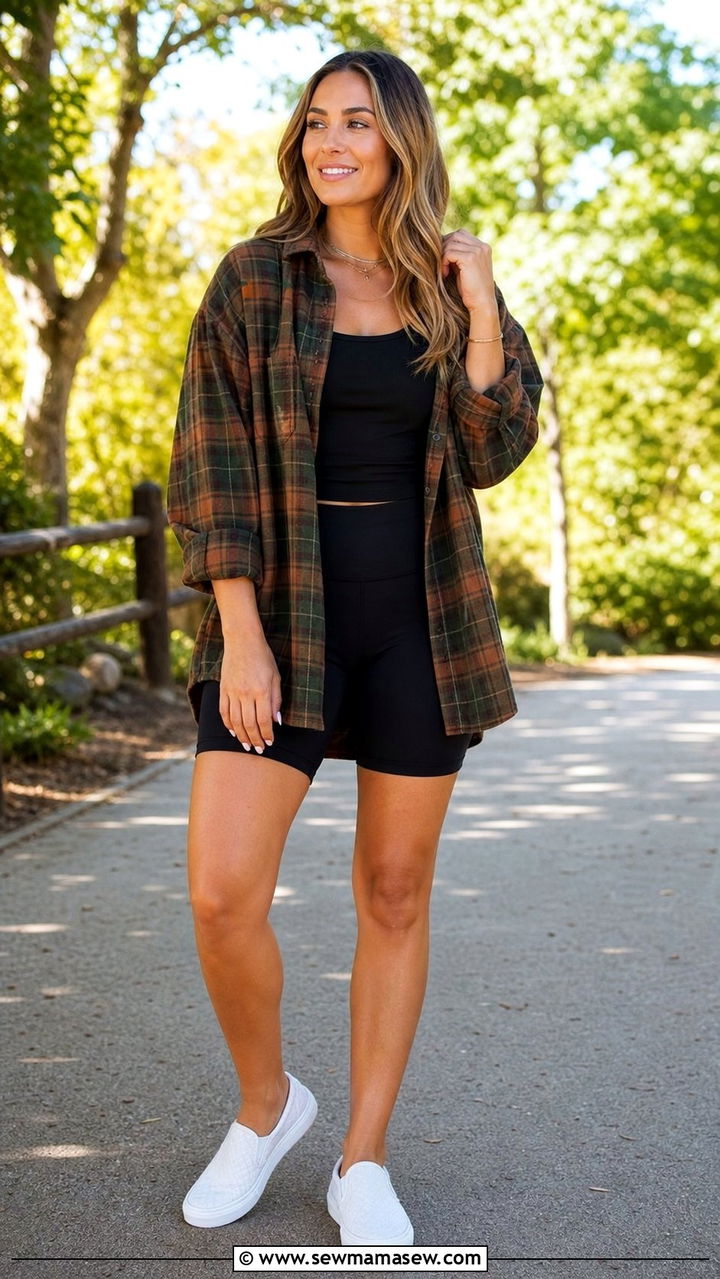 Flannel shirt and cycling shorts outfit - 25 streetwear outfits aesthetic