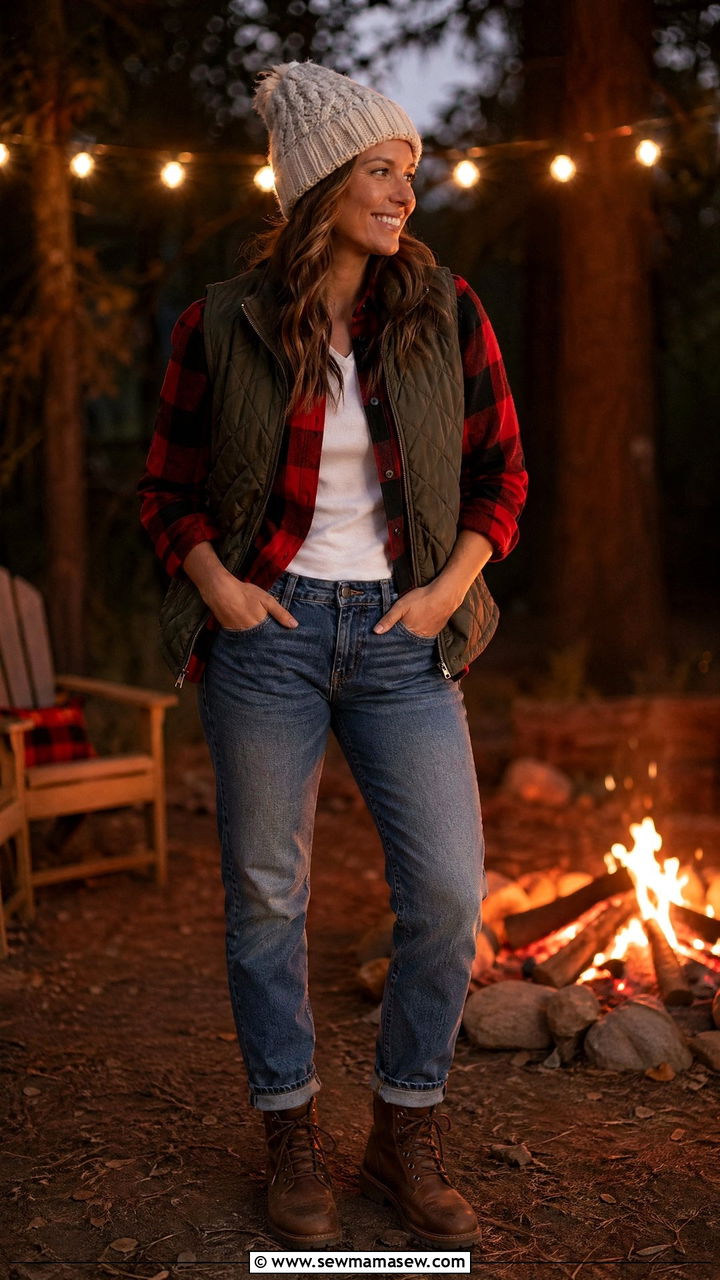 Flannel shirt and denim for campfire night - 35 Family vacation outfit ideas