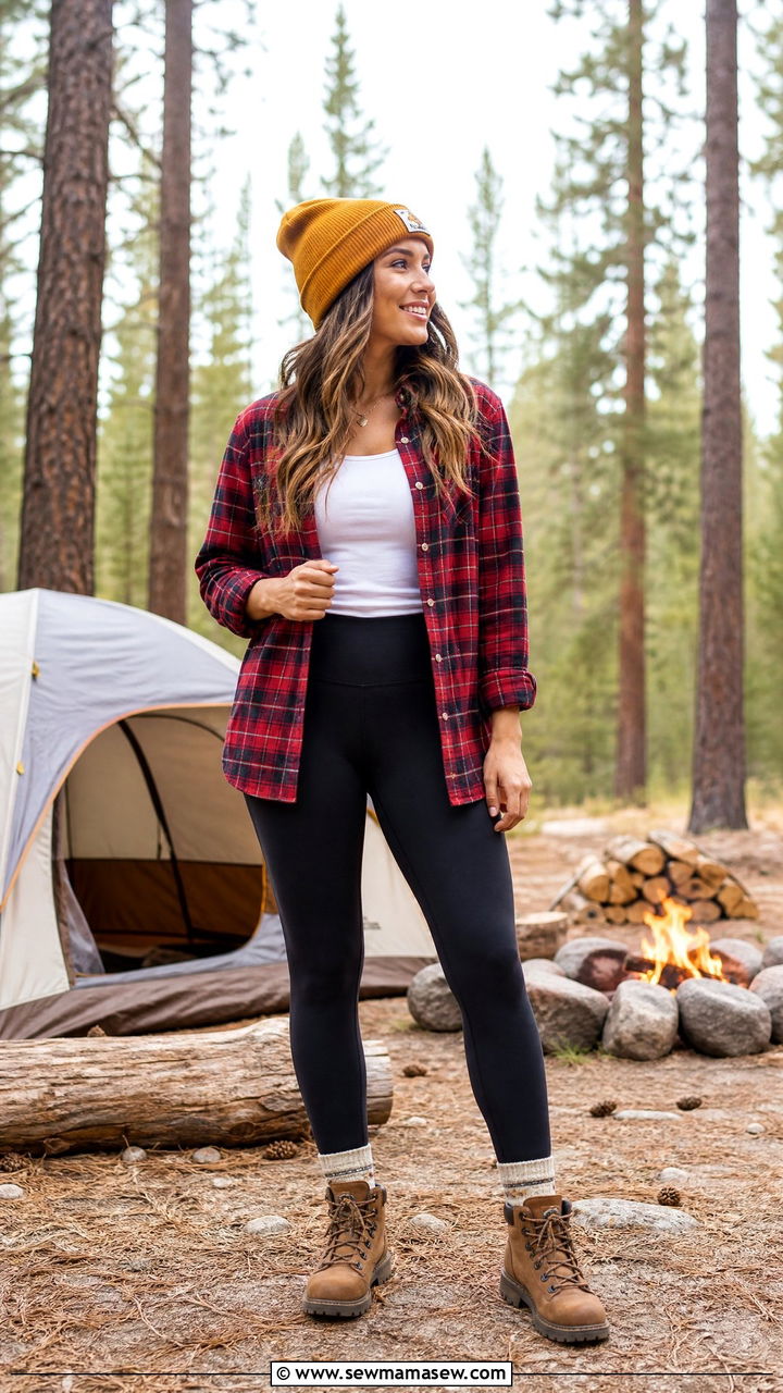 Flannel shirt and leggings camping outfit - 25 Camping trip outfit ideas