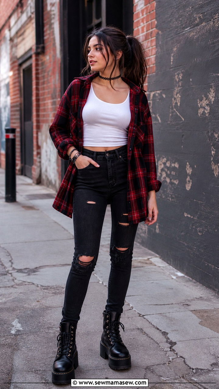 Flannel shirt and ripped jeans outfit - 40 school outfits ideas