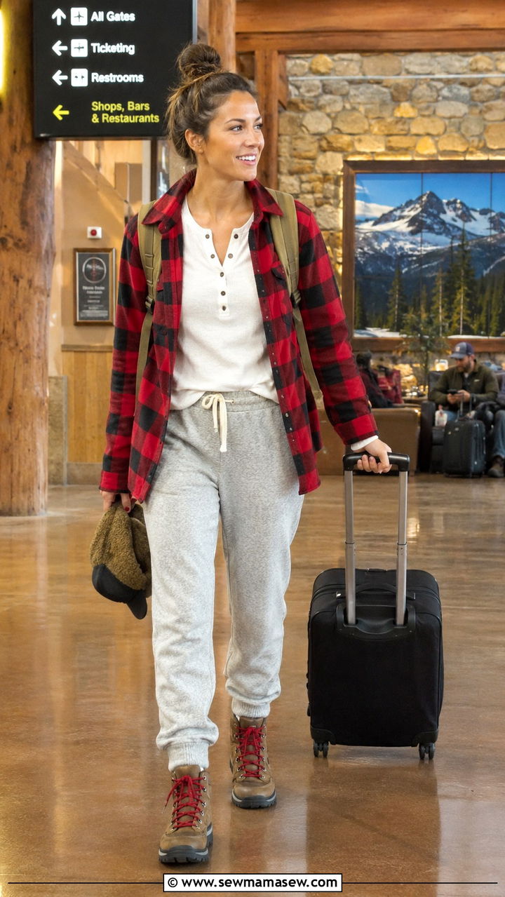 Flannel shirt and sweatpants airport outfit - 25 Airport outfit ideas with sweatpants