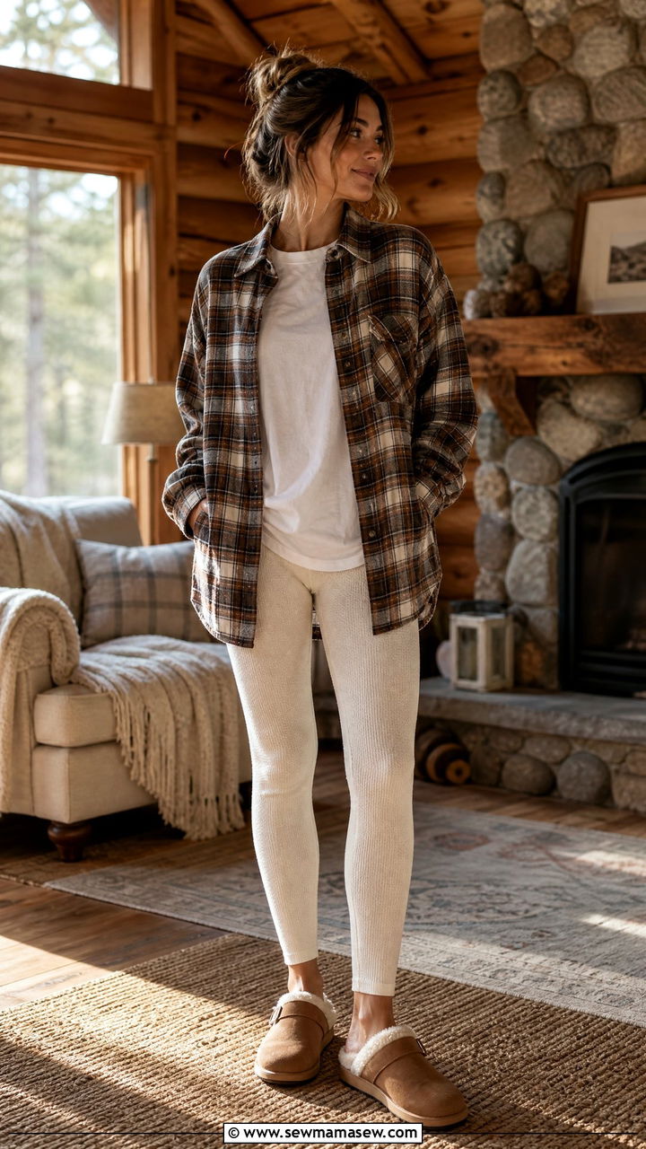 Flannel shirt and thermal leggings - 30 Cozy loungewear outfit ideas