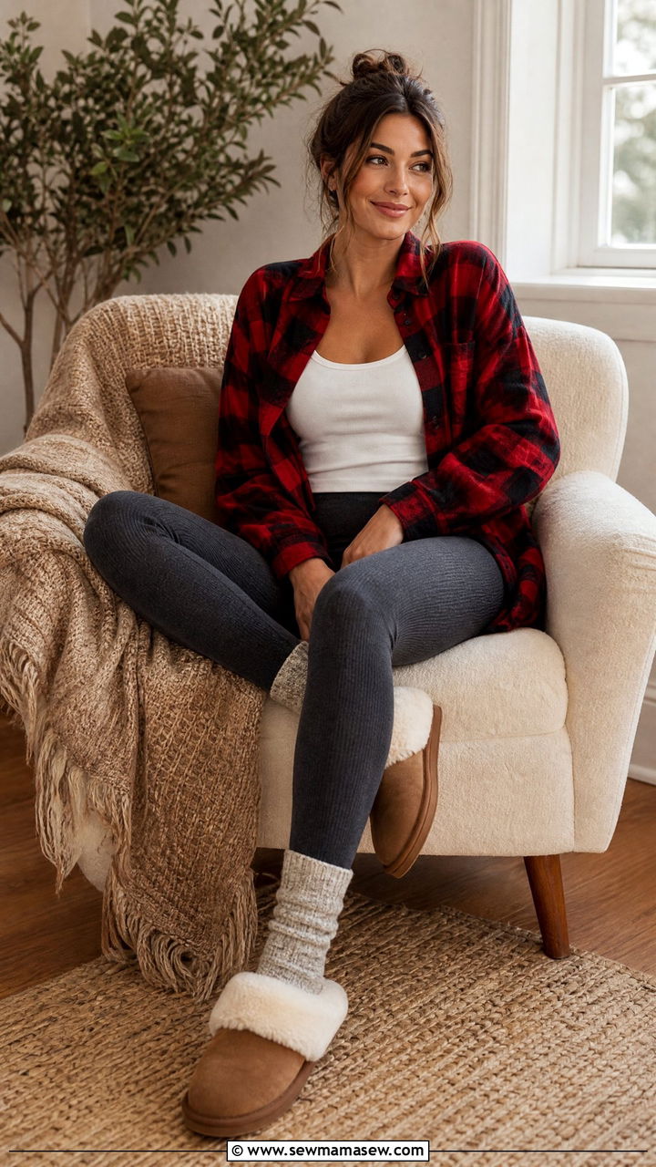 Flannel shirt and thermal leggings - 30 Cozy at home outfit ideas