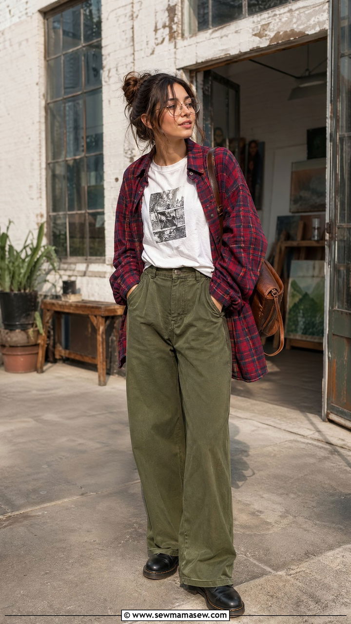 Flannel shirt and wide leg pants artsy outfit - 35 First day of college outfit ideas