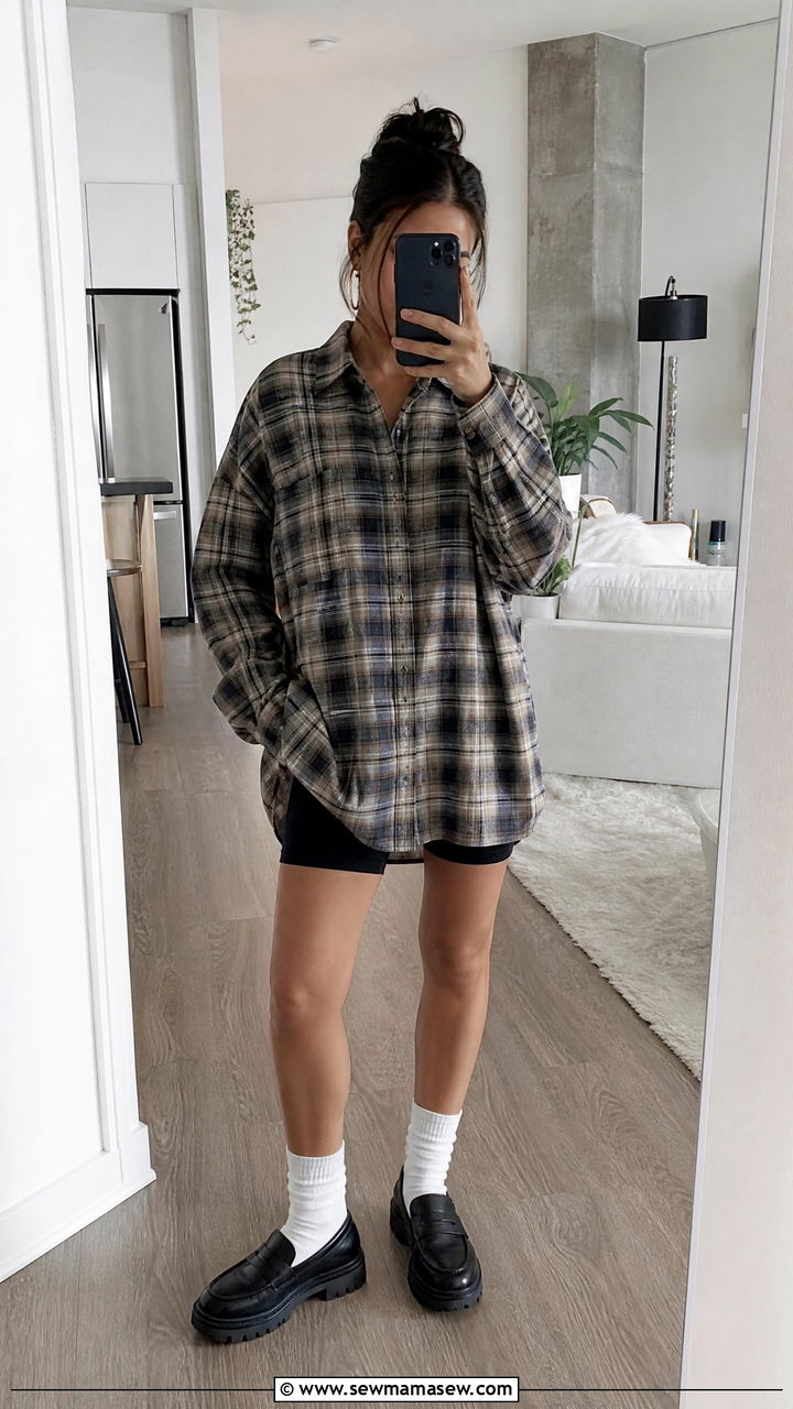 Flannel shirt as a mini dress with biker shorts - 35 How to style a flannel shirt