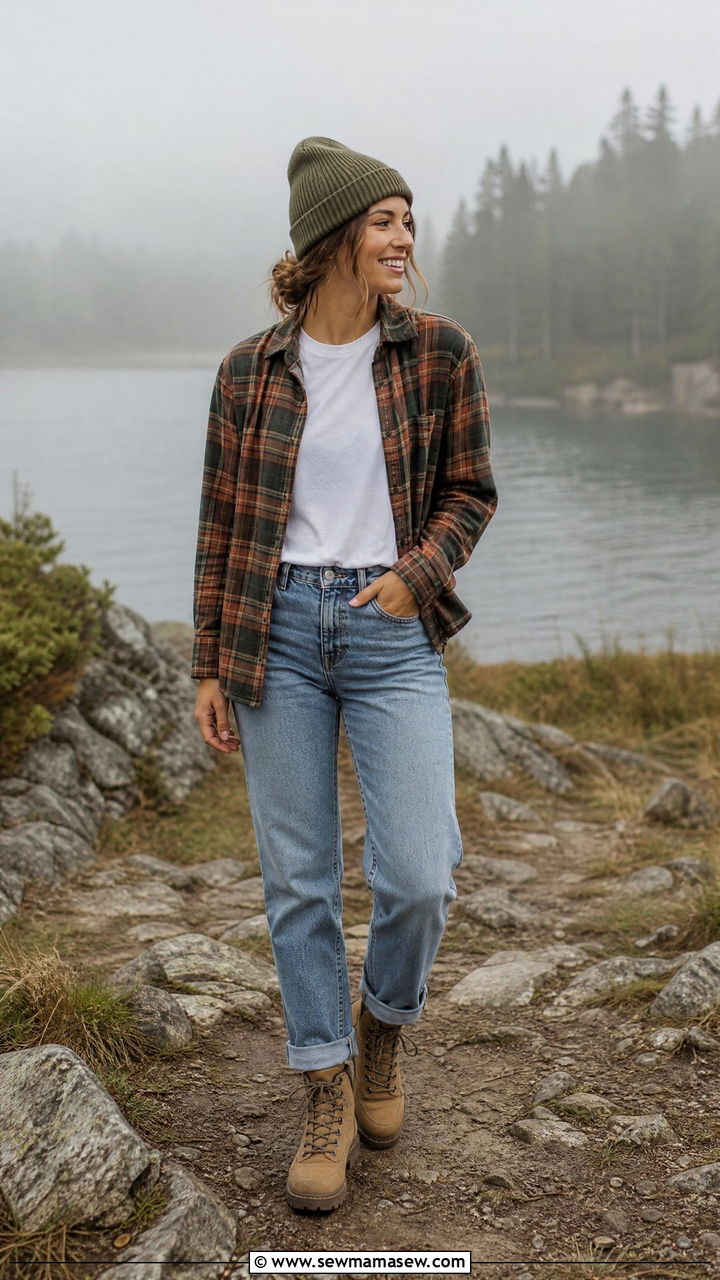 Flannel shirt layered over a tee and relaxed jeans - 25 Foggy day outfit ideas