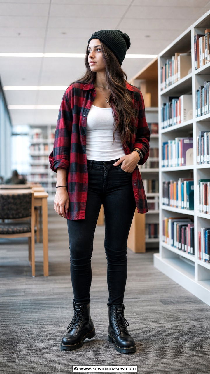 Flannel shirt layered over a white tank with black skinny jeans and combat boots - 30 College library outfit ideas
